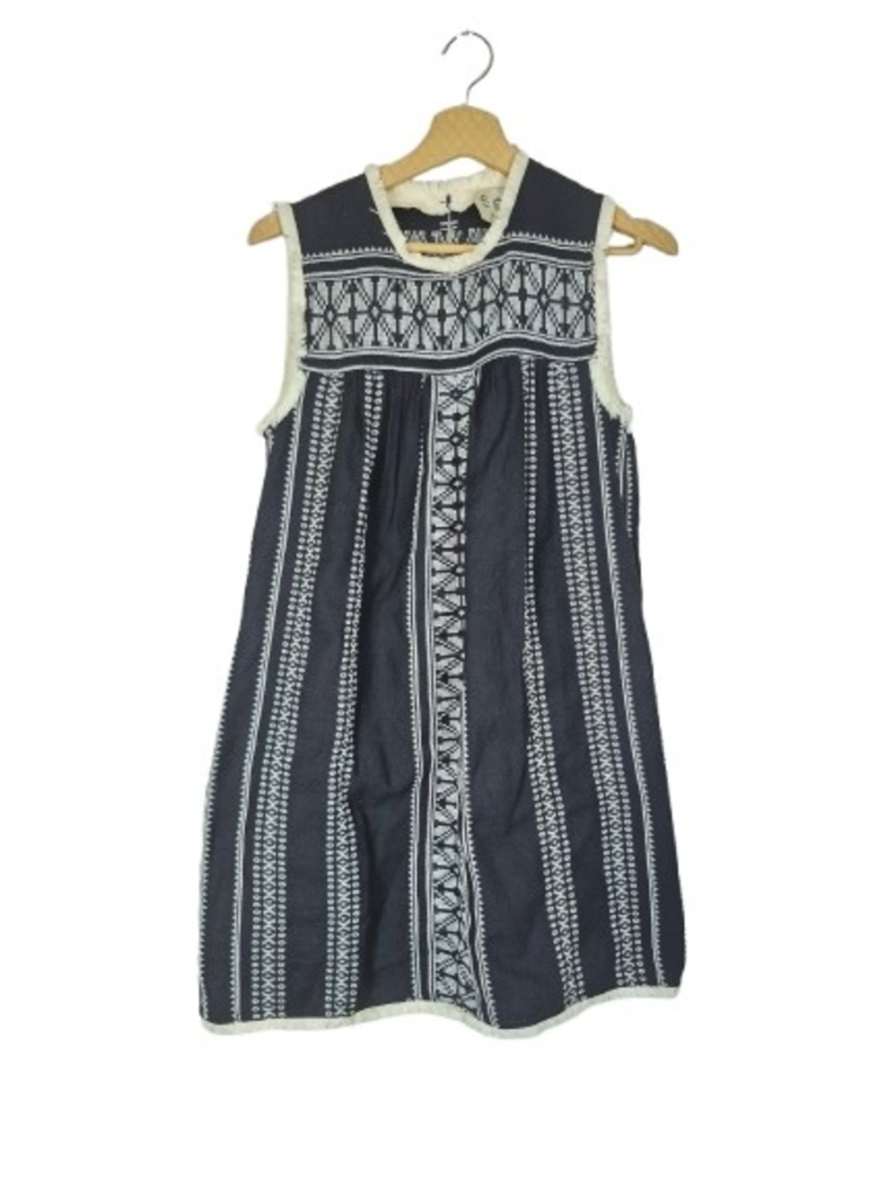 Sea New York Navy White Embroidered Fringe Trim Sleeveless Shift Dress 4